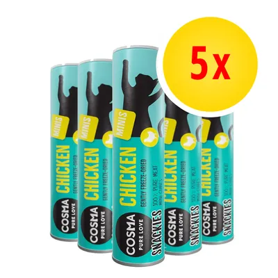 5 confezioni Cosma Snackies Minis Chicken, testo visibile: gently freeze-dried, 100% pure meat, COSMA PURE LOVE, tubo azzurro con silhouette di gatto nera.