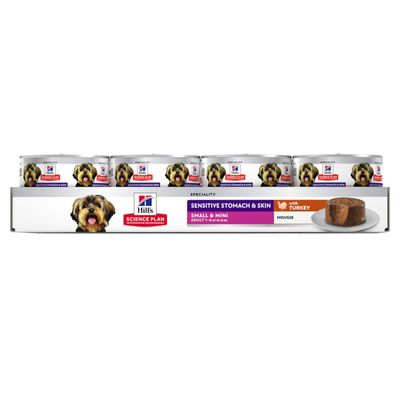 Hill's Science Plan Sensitive Stomach & Skin Small & Mini Adult 1-6 met kalkoen, mousse. Speciaalvoer voor gevoelige maag en huid.
