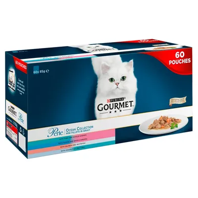 Purina Gourmet Perle Ocean Collection Mini Fillets in Gravy, 60 pouches, 60x85g. With tuna and whole shrimps, plaice and whole shrimps, salmon and whitefish, ocean fish and tuna.