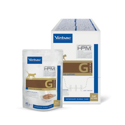Virbac Veterinary HPM Gastro Digestive Support för katter, 85g påse och förpackning. Stödjer matsmältning med hög smältbarhet och acceptans.