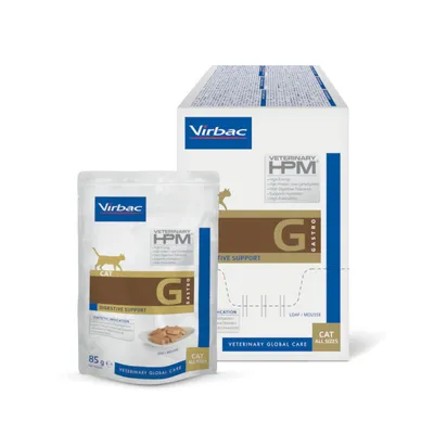 Virbac Veterinary HPM G Gastro Digestive Support, sachet 85 g et boîte. Texte visible : CAT ALL SIZES, LOAF/MOUSSE, VETERINARY GLOBAL CARE.