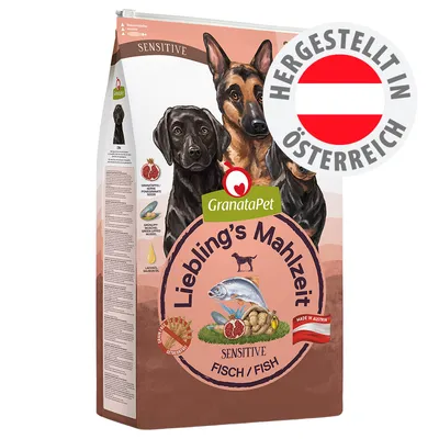 GranataPet Liebling's Mahlzeit Sensitive Fisch. Hergestellt in Österreich. Getreidefrei, mit Granatapfelkernen, Grünlippmuschel und Lachsöl. Made in Austria.
