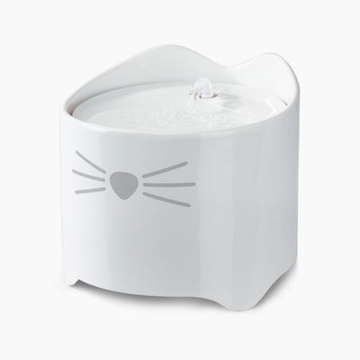 Fontane per bere bianche con design a orecchie di gatto e acqua corrente, decorate con baffi grigi e motivo a naso.