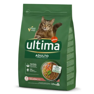 60 g gratis! 2,5 kg hrană uscată Ultima Cat + gratis 60 g snack Ultima pentru pisici - Adult Somon 2,5 kg + Snacks Bucățele umplute cu vită 60 g