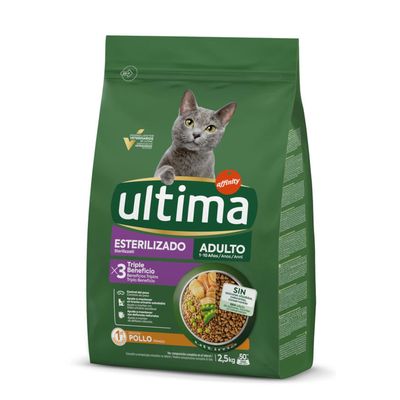 Sac de croquettes pour chat Ultima Affinity, stérilisé adulte 1–10 ans, triple bénéfice, poulet, 2,5 kg. Texte visible : sans colorants ni conservateurs artificiels ajoutés.