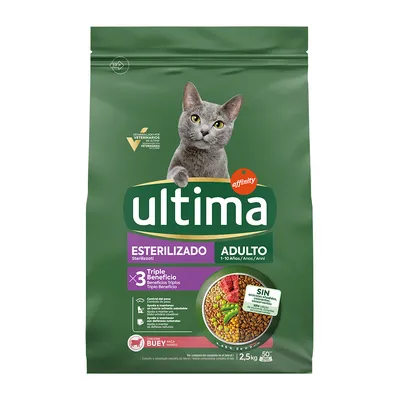Sac de croquettes Ultima Affinity pour chat stérilisé adulte 1–10 ans, goût bœuf, 2,5 kg. Texte visible : triple bénéfice, contrôle du poids, SIN colorants ni conservateurs ajoutés.