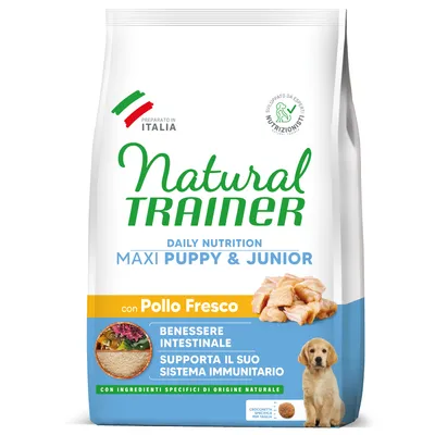 Natural Trainer Maxi Puppy & Junior mit frischem Huhn. Unterstützt das Immunsystem und die Darmgesundheit. Zutaten aus natürlicher Herkunft. Entwickelt von Ernährungsexperten in Italien.