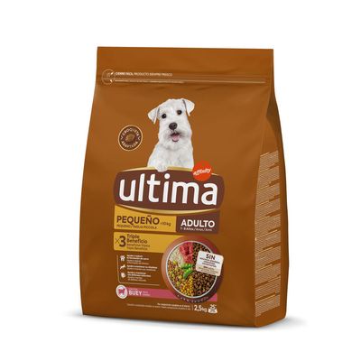 Paquet de croquettes Ultima Affinity, 2,5 kg, pour chien adulte de petite taille (<10 kg), texte en espagnol : 'Triple Beneficio', 'con BUEY', image d’un bol avec croquettes et ingrédients.