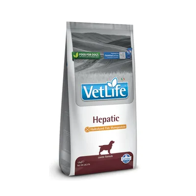 VetLife Hepatic kutyatáp, hidrolizált hal monoprotein, 12 kg. Farmina Genius QR-kód látható a csomagoláson.