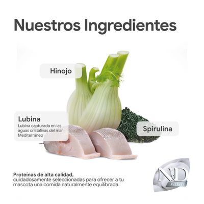 Ingredientes: hinojo, espirulina, lubina del Mediterráneo. Proteínas de alta calidad para una alimentación equilibrada. Marca: N&D White.
