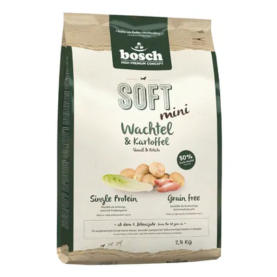 Bosch Soft Mini křepelka a brambor, jedno bílkovina, bez obilovin, 50 % čerstvé křepelky, od 1. roku života, vhodné pro malá plemena, 2,5 kg.