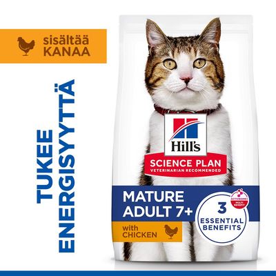 Hill's Science Plan Mature Adult 7+ kanaa, 3 olennaista hyötyä, sisältää kanaa, tukee energisyyttä, eläinlääkärien suosittelema.