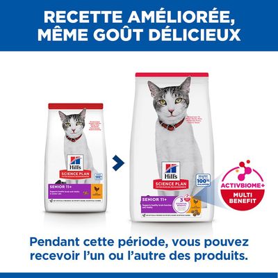 Hill's Science Plan Senior 11+ nourriture pour chat avec une formule améliorée, même saveur. Pendant la période de transition, l’un des deux designs d’emballage peut être livré.