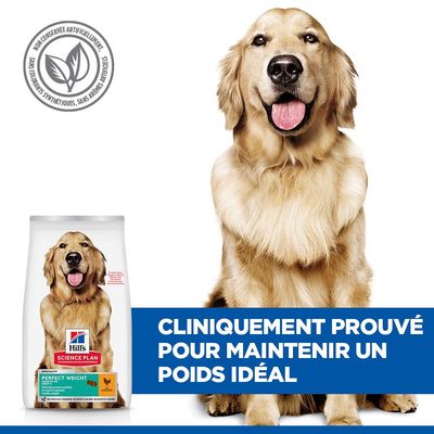 Hill's Science Plan Perfect Weight nourriture pour chien. Sceau : Sans conservateurs artificiels, colorants ou arômes. Texte : Cliniquement prouvé pour maintenir le poids idéal.