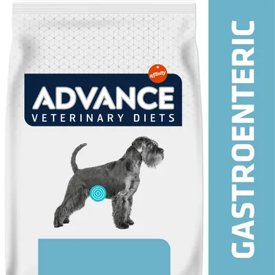 ADVANCE Veterinary Diets affinity, GASTROENTERIC. Koiranruokapakkaus, jossa koiran kuva ja vatsan kohdalla sininen ympyrä.