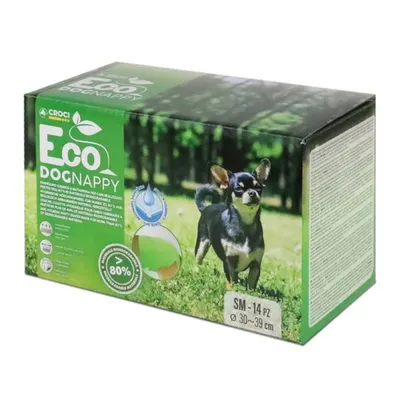 Boîte Croci Eco Dog Nappy, taille SM 14 pièces, 30–39 cm, plus de 80 % matériaux biodégradables, photo d’un petit chien sur l’emballage. Texte en anglais visible.