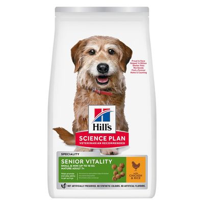 Hill's Science Plan Senior Vitality Small & Mini op til 10 kg Mature Adult 7+, med kylling og ris. Ingen kunstige konserveringsmidler, farver eller smagsstoffer.