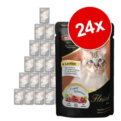 Pack de 24 saquetas de comida para gatos Leonardo Fleisch Menü, com imagem de gato e texto '+ Lachsöl' visível na embalagem. Indicação de seleção de carnes: frango, vaca, cordeiro.