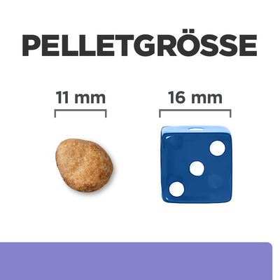 Comparaison de taille : une croquette de 11 mm à côté d’un dé bleu de 16 mm. Texte en allemand « PELLETGRÖSSE » visible en haut de l’image.