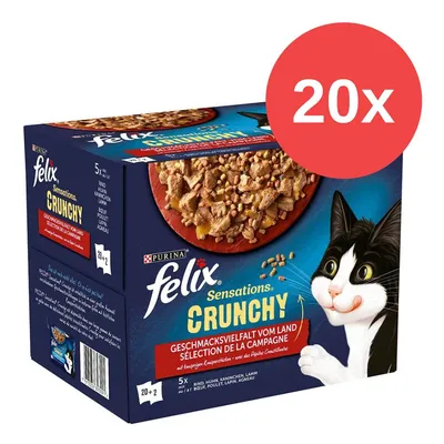 Purina Felix Sensations Crunchy, Geschmacksvielfalt vom Land, 20er-Packung mit Rind, Huhn, Kaninchen und Lamm. Purina Felix Sensations Crunchy, Geschmacksvielfalt vom Land, 20er-Packung mit Rind, Huhn, Kaninchen und Lamm.