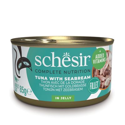 Schesir Complete Nutrition tonno con manzo, 6x85g, filetti 100% naturali in gelatina, con vitamine aggiunte. Per gatti adulti.