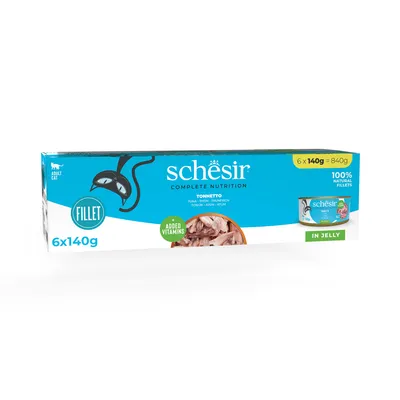 Schesir Complete Nutrition pour chat adulte, thon en gelée, 6 x 140 g, filets naturels 100 %, vitamines ajoutées, in jelly, 840 g au total, visible sur l’emballage.
