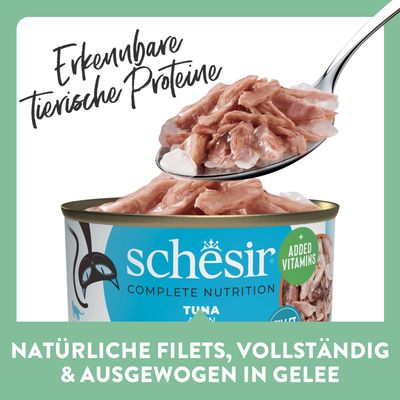 Schesir Mini Meal für erwachsene Katzen, Thunfisch in Gelee, 6x50g, 100% natürliche Filets, mit zusätzlichen Vitaminen.