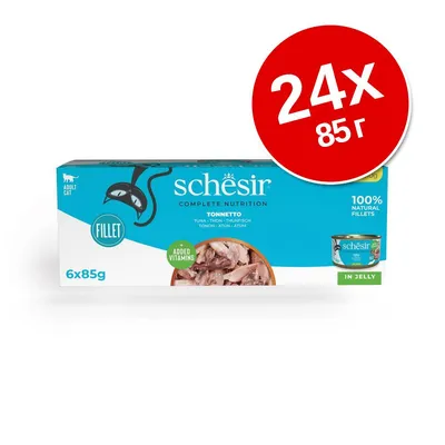 Schesir Complete Nutrition Tonnetto за котки, 100% натурални филета, добавени витамини, 6x85 г. Червен кръг с надпис: 24x85 г.
