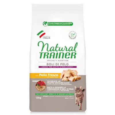 Natural Trainer Boli di Pelo, speciális eledel ivartalanított macskáknak friss csirkével, 1,5 kg. Támogatja az egészséges húgyutakat és csökkenti a szőrlabda képződést. Színezék és hozzáadott cukor nélkül.