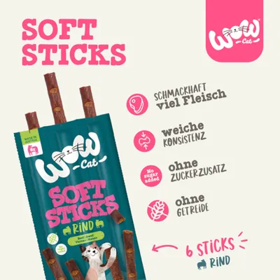 WOW Cat Soft Sticks Rind. Schmackhaft, viel Fleisch, weiche Konsistenz, ohne Zuckerzusatz, ohne Getreide. Made in Austria. Packung enthält 6 Sticks.