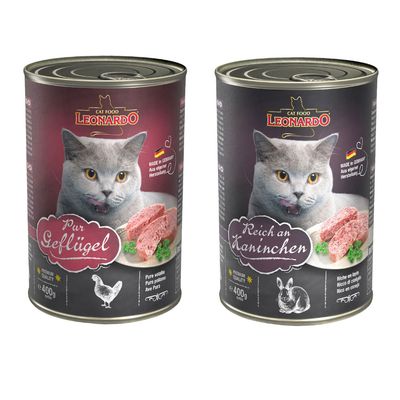 Pur Geflügel kattefoder, Made in Germany, Premium Quality, 24x400g dåser. Vist: kat og stykke fjerkræ på emballagen.