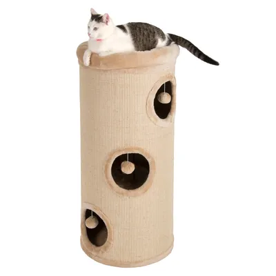 Tall beige scratching post with three circular openings, each containing a hanging ball toy, and a pet lying on the cushioned top platform.