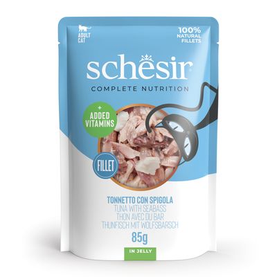 Schesir Complete Nutrition aikuisille kissoille, tonnikalafileet hyytelössä, 6x85g, lisävitamiineilla, 100 % luonnolliset fileet.