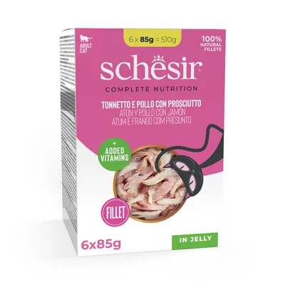 Икономична опаковка Schesir Complete Nutrition филе в желе 24 x 85 г, в паучове - риба тон и пиле с шунка