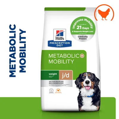 Hill's Prescription Diet Metabolic + Mobility, improves mobility in 21 days, supports weight loss, clinically proven, with chicken, recommended by veterinarians.