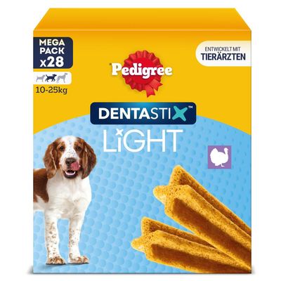 Pedigree Dentastix Light Mega Pack x28 för hundar 10–25 kg, utvecklad med veterinärer, smak kalkon.
