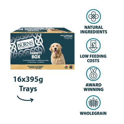 Burns Variety Box for adult and senior dogs, 16x395g trays. Varieties: free-range chicken, turkey, lamb, fish. Natural ingredients, whole grain, low feeding costs, award-winning.