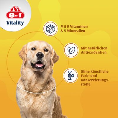 8in1 Vitality. Mit 9 Vitaminen & 5 Mineralien, mit natürlichen Antioxidantien, ohne künstliche Farb- und Konservierungsstoffe.