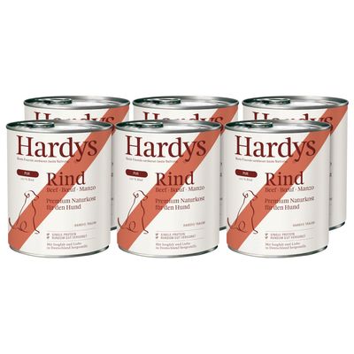 Hardys Rind Pur, alimento naturale premium per cani. Monoproteico, 100% manzo, prodotto in Germania. Confezione da 6 lattine.