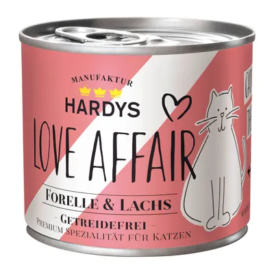 Hardys Love Affair пъстърва и сьомга, без зърнени храни, премиум специалитет за котки. Фабрика с три корони и сърце върху розово-бяла кутия.