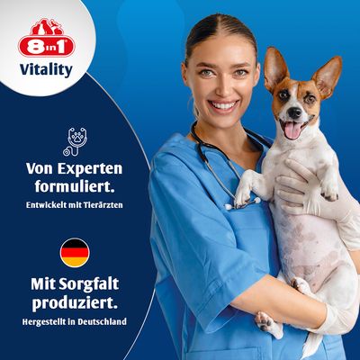 8in1 Vitality. Von Experten formuliert, entwickelt mit Tierärzten. Mit Sorgfalt produziert, hergestellt in Deutschland.