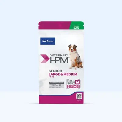 Virbac Veterinary HPM Senior Large & Medium >11kg, Carnivore Nutrition: Protein 32%, Fett 15%, Kohlenhydrate 29%, Global Preventive Profile, recycelbare Verpackung.