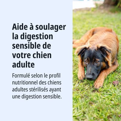 Aide à la digestion sensible des chiens adultes. Développé pour répondre aux besoins nutritionnels des chiens adultes stérilisés ayant une digestion sensible.