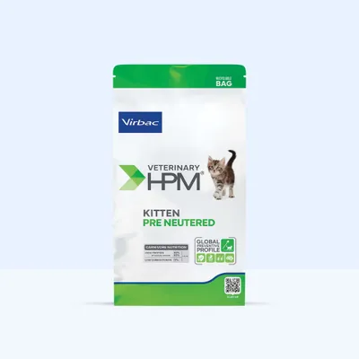 Virbac Veterinary HPM Kitten Pré-stérilisé. Nutrition carnivore : haute teneur en protéines 45 %, faible teneur en glucides 17 %. Profil préventif global. Sac recyclable.