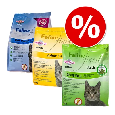 Tre påsar PORTA 21 Feline Finest kattmat: Cats Heaven, Adult Cat och Sensible Adult. Varje påse 2 kg. Stor röd procentsymbol för rabatt erbjudande.