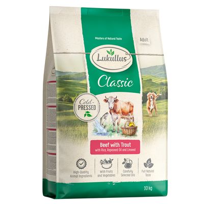 Lukullus Adult Trockenfutter, Charolais-Rind und Forelle, kaltgepresst, natürliche Rezeptur, 10 kg. Vollwertige Naturkost für Hunde mit Gemüse und hochwertigen Ölen.