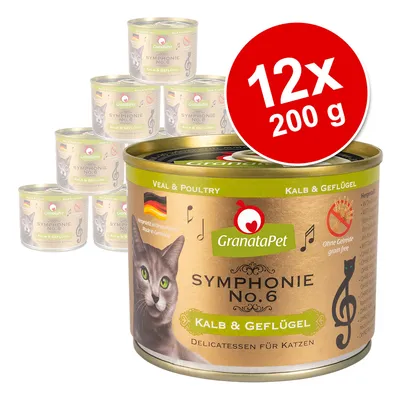 GranataPet Symphonie No.6 kalv & fjäderfä, 12x 200g burkar, spannmålsfri, tillverkad i Tyskland, delikatess för katter.