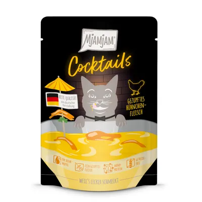 MjAMjAM Cocktails, tépett csirkehús. Német gyártású, ivásra kevésbé hajlamos állatoknak, finoman tépett hús, egyféle fehérje, gabonamentes.