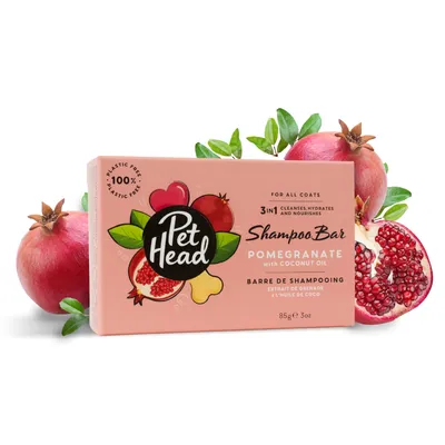 Pet Head Shampoo Bar Granatapfel mit Kokosöl, 3-in-1 reinigt, hydratisiert und pflegt, für alle Felltypen, plastikfrei, 85g. Pet Head Shampoo Bar Granatapfel mit Kokosöl, 3-in-1 reinigt, hydratisiert und pflegt, für alle Felltypen, plastikfrei, 85g.