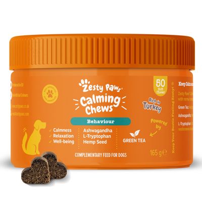 Zesty Paws Calming Chews Behaviour, 50 bucăți moi, bogate în curcan, cu ashwagandha, L-triptofan, semințe de cânepă și ceai verde, 165 g.